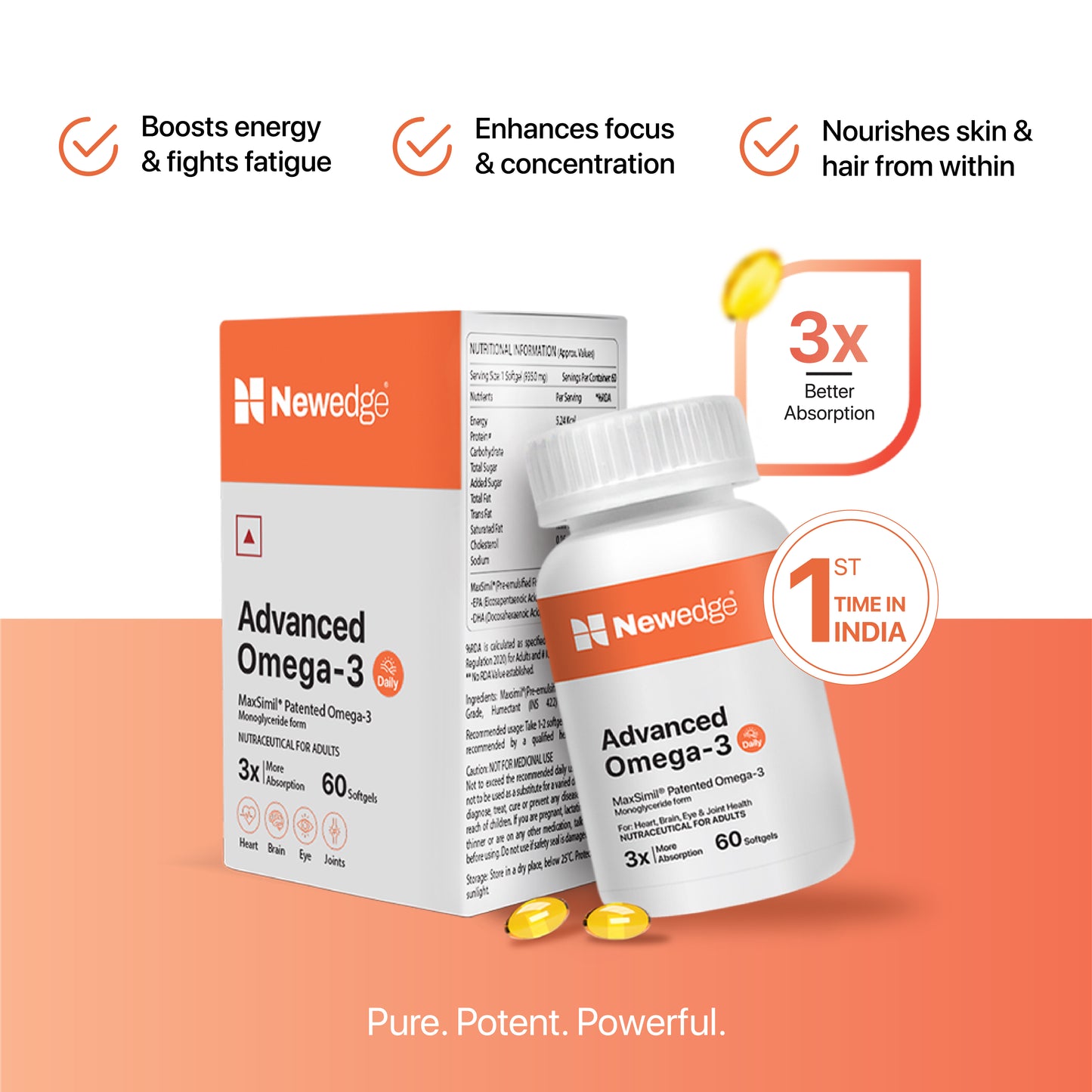 Newedge Advanced Omega-3 Daily- 650 mg MaxSimil® Patented Fish Oil 60 Capsules