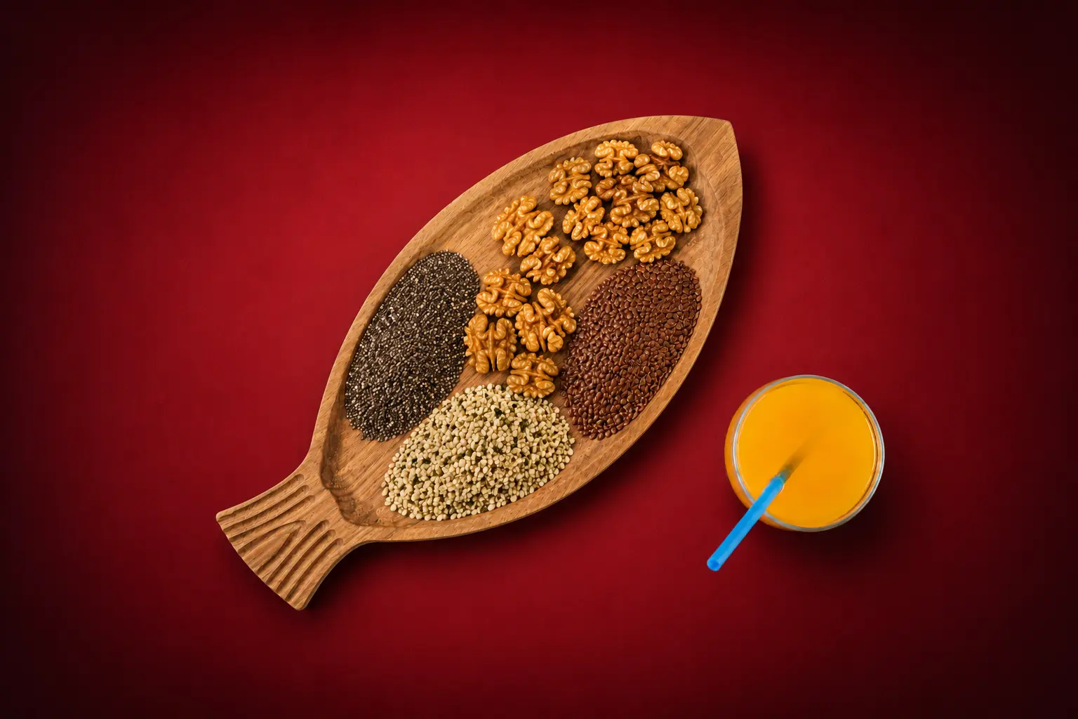 nuts, seeds and juice in a dark red background