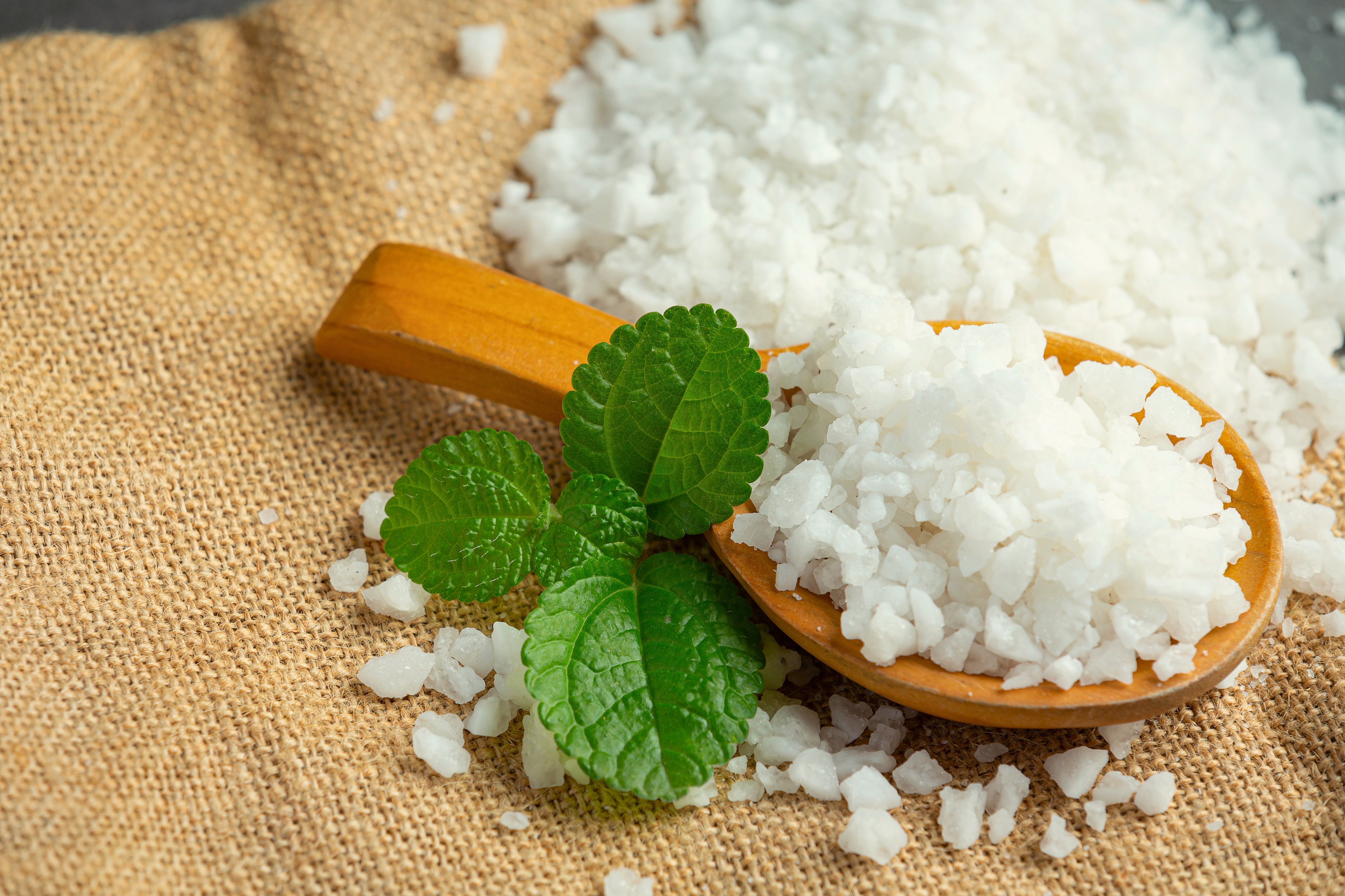 White salt with green leaves